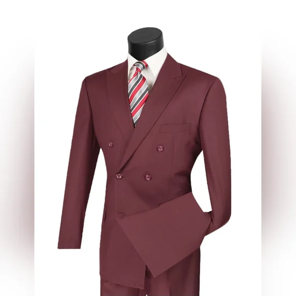 VINCI Men's Burgundy Double Breasted 6 Button Classic Fit Suit NEW - Picture 2 of 13